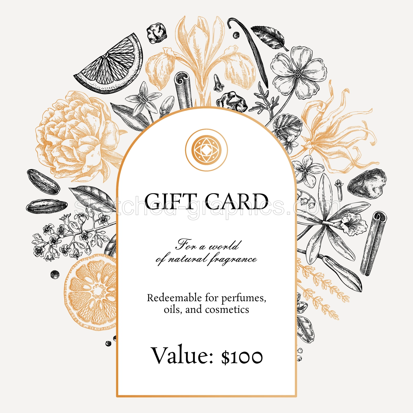 Sketch style botanical gift card template. Vintage perfume and cosmetic frame design. Hand-drawn vector illustration. Aromatic plants and flower sketches. NOT AI generated Illustration